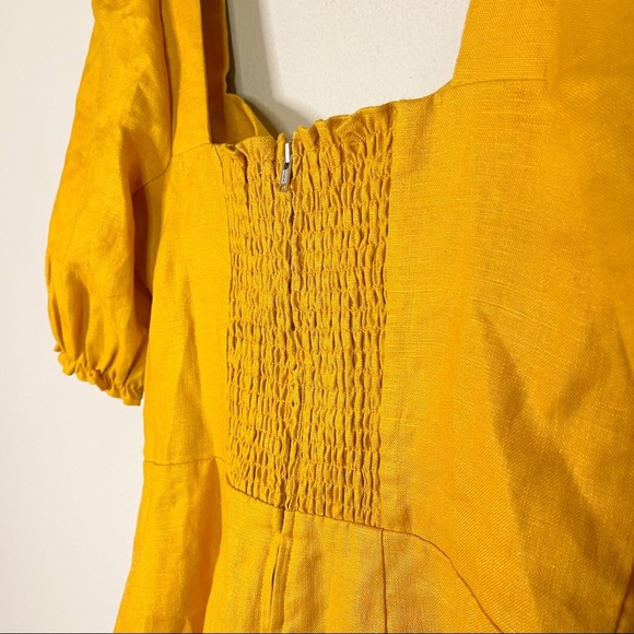 Reformation | 100% Linen Puff Sleeve Bow Tie Mustard Yellow Mini Dress Sz: 6 - Picture 9 of 9